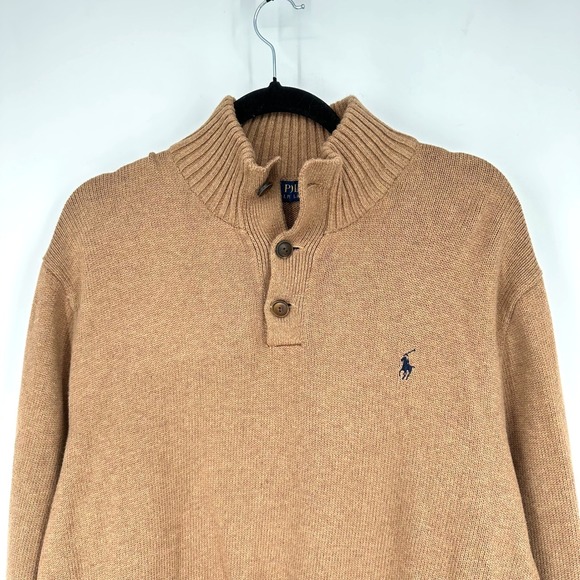Polo Ralph Lauren Men's Camel Wood Button Sweater XL Knit Embroidered Polo - Picture 3 of 7